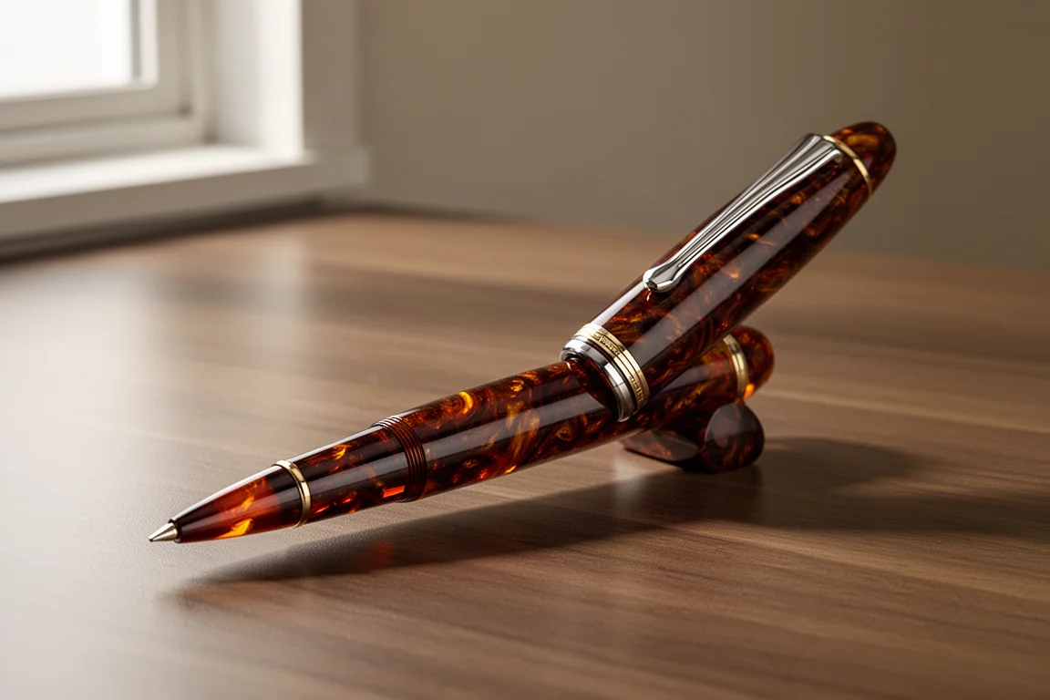 Capped fountain pen with glossy marbled amber lacquer finish on a wooden desk