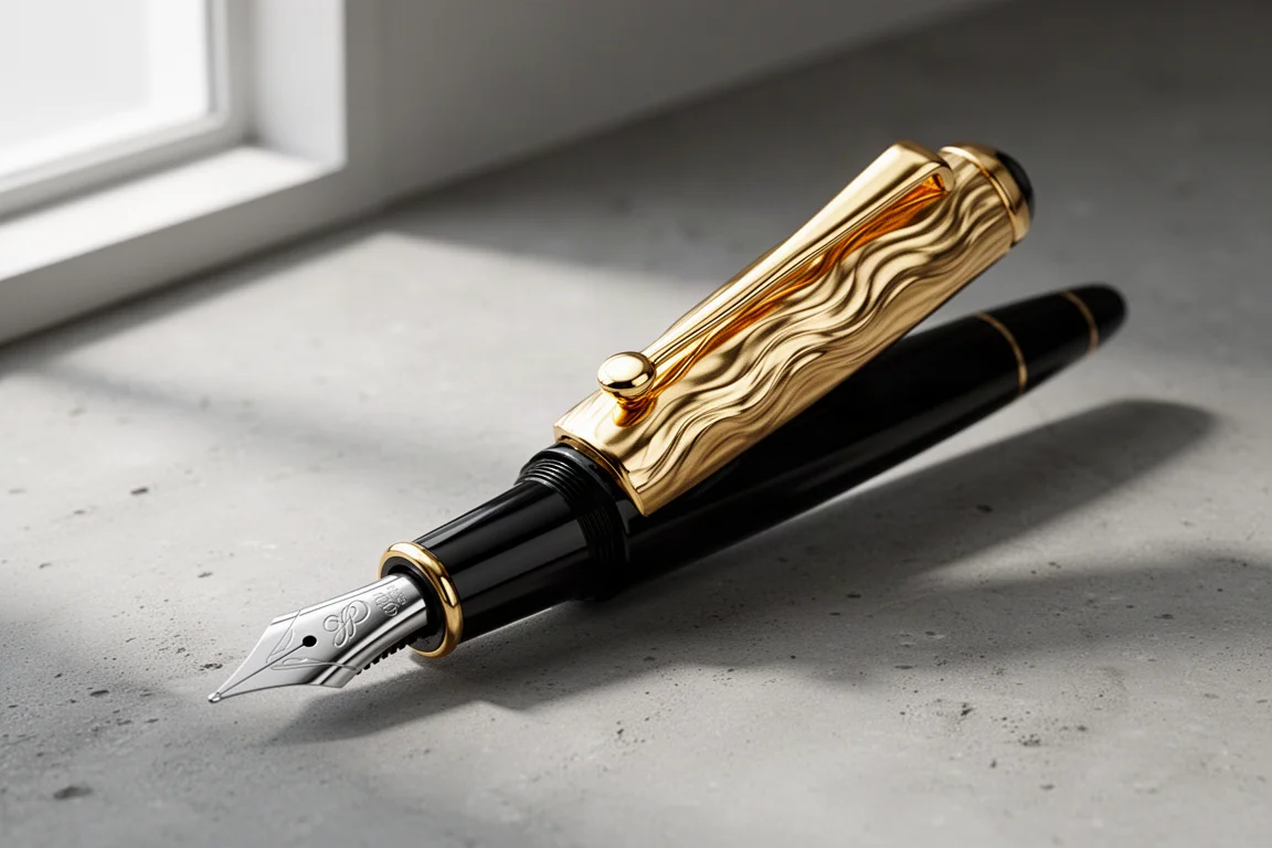 Glossy black and gold Waterman Expert Opera Edition fountain pen on concrete surface