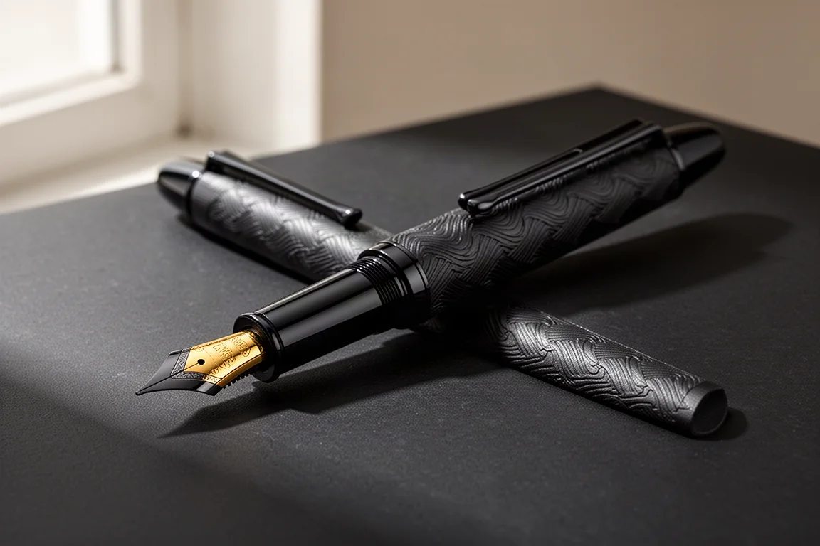 Black limited edition fountain pen with woven wave overlay and gold ruthenium nib