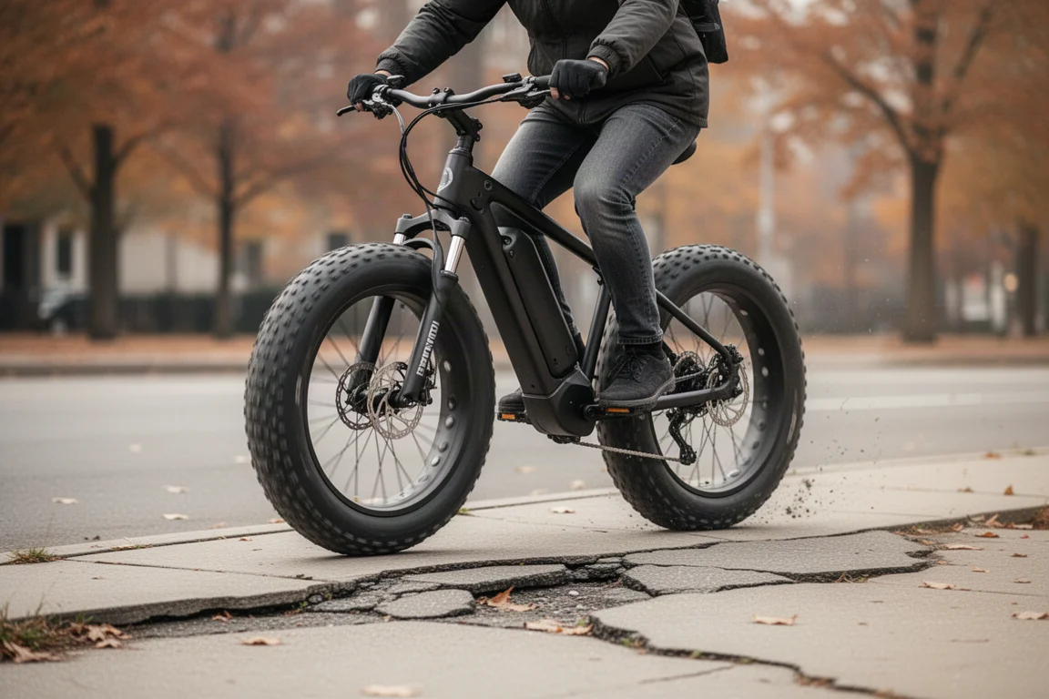 Cyclist riding a fat-tire e-bike over cracked, uneven city sidewalk