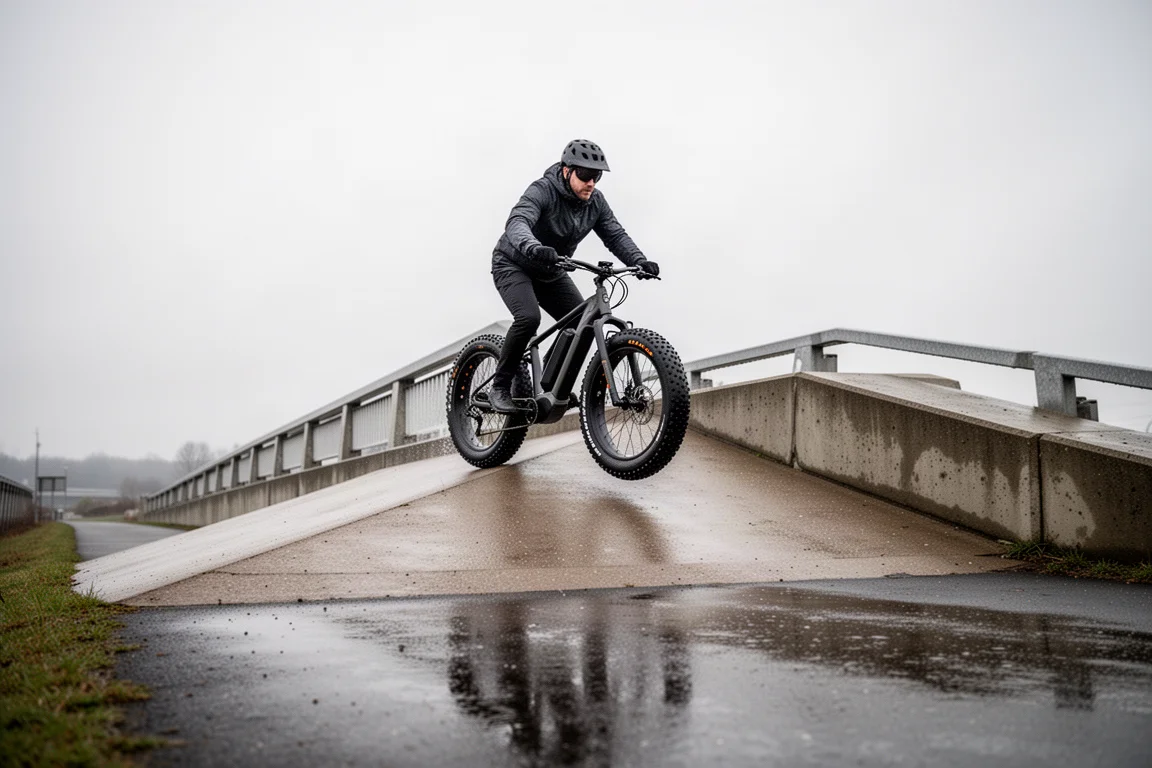 Fat-tire e-bike climbing a steep bridge ramp under overcast sky