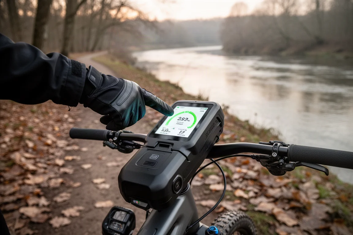 Rider checking the digital battery screen showing remaining charge percentage