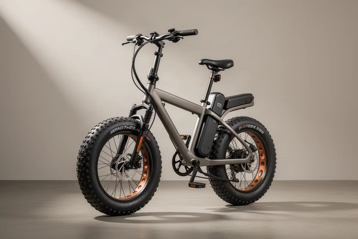 Folding fat-tire electric bike with large battery pack on a concrete studio surface