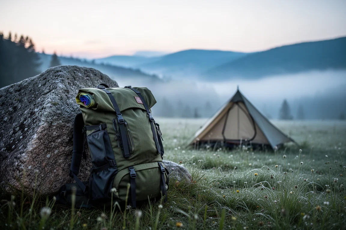 Loaded hiking backpack leaning against a granite boulder at dawn with mist in the valley