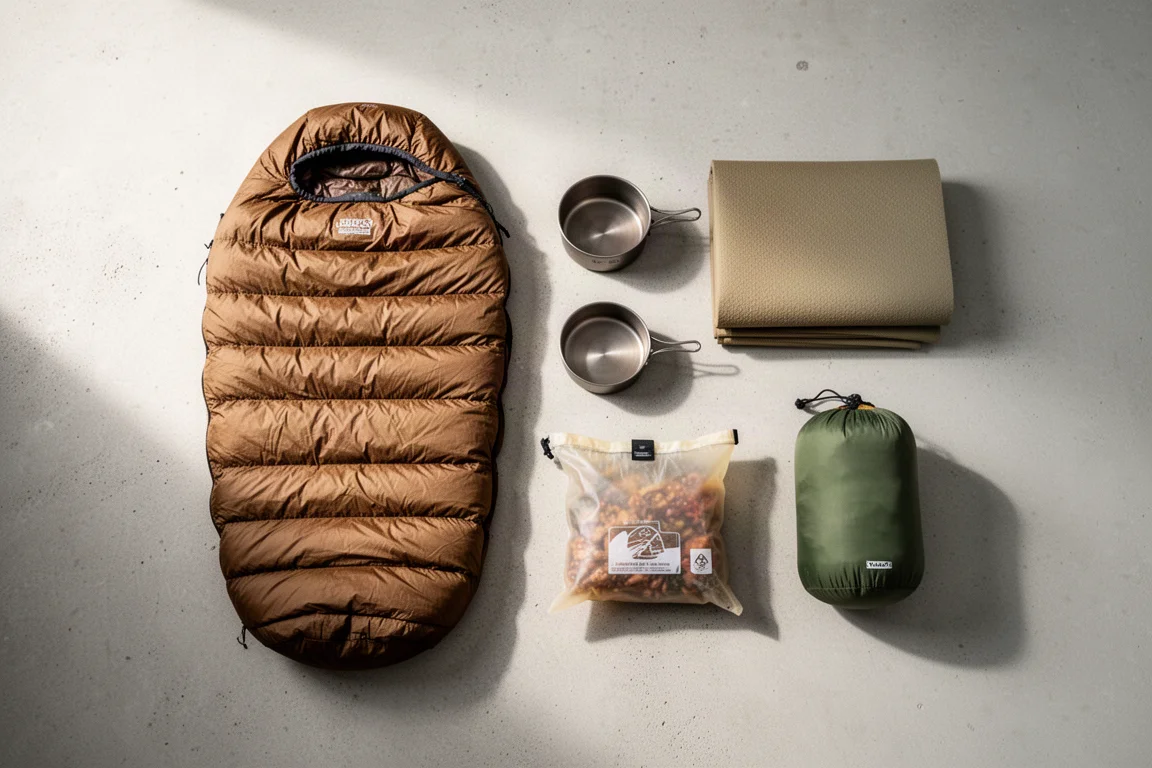 Overhead flat lay of backpacking gear including quilt, cook set, and food bag on concrete