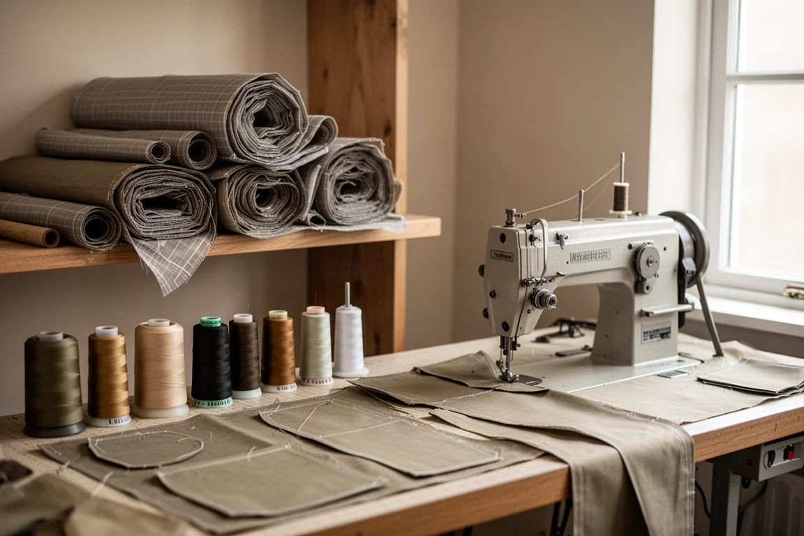 Small workshop with rolls of technical fabric and a sewing machine under window light