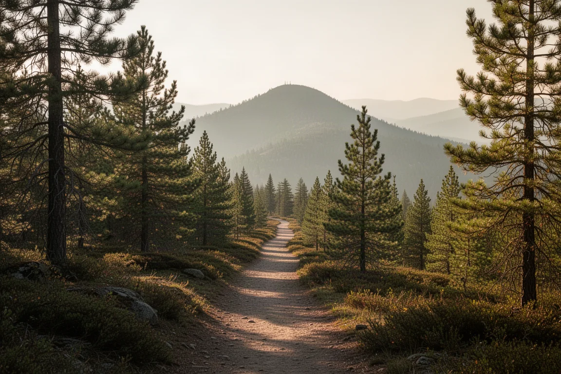 Long distance trail winding through pine forest in late afternoon light