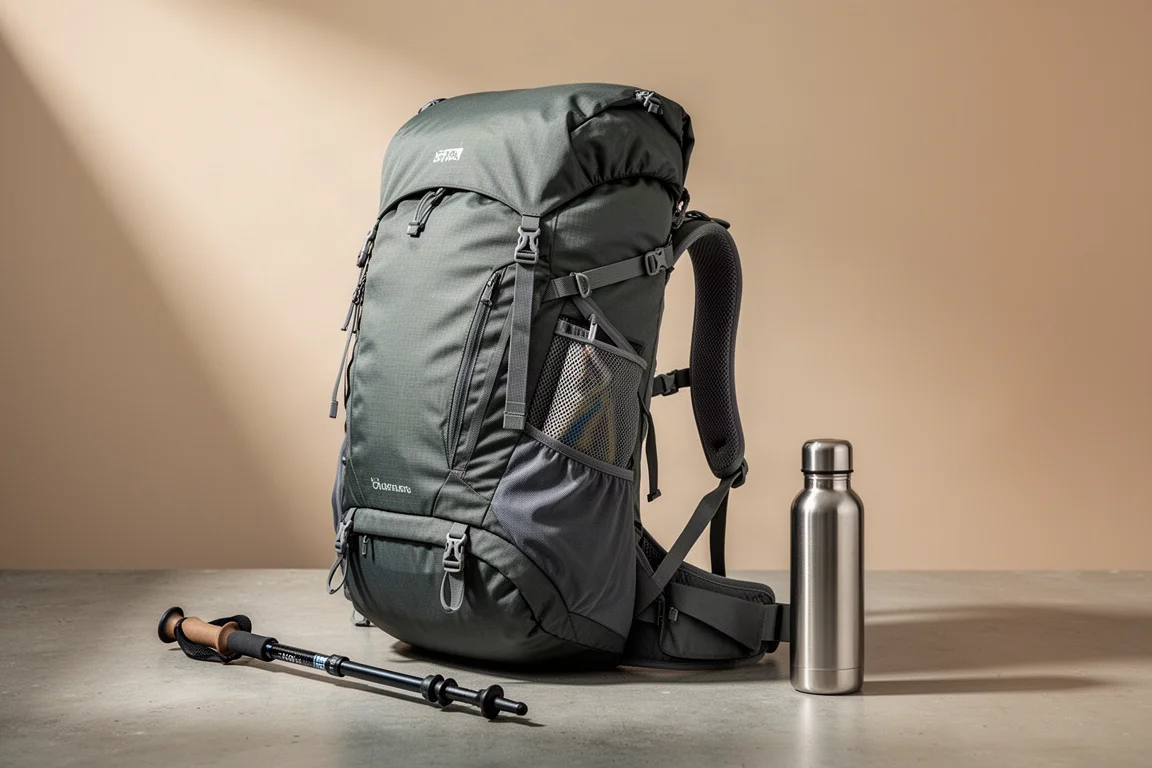 Grey roll-top backpacking pack standing upright on a matte concrete surface