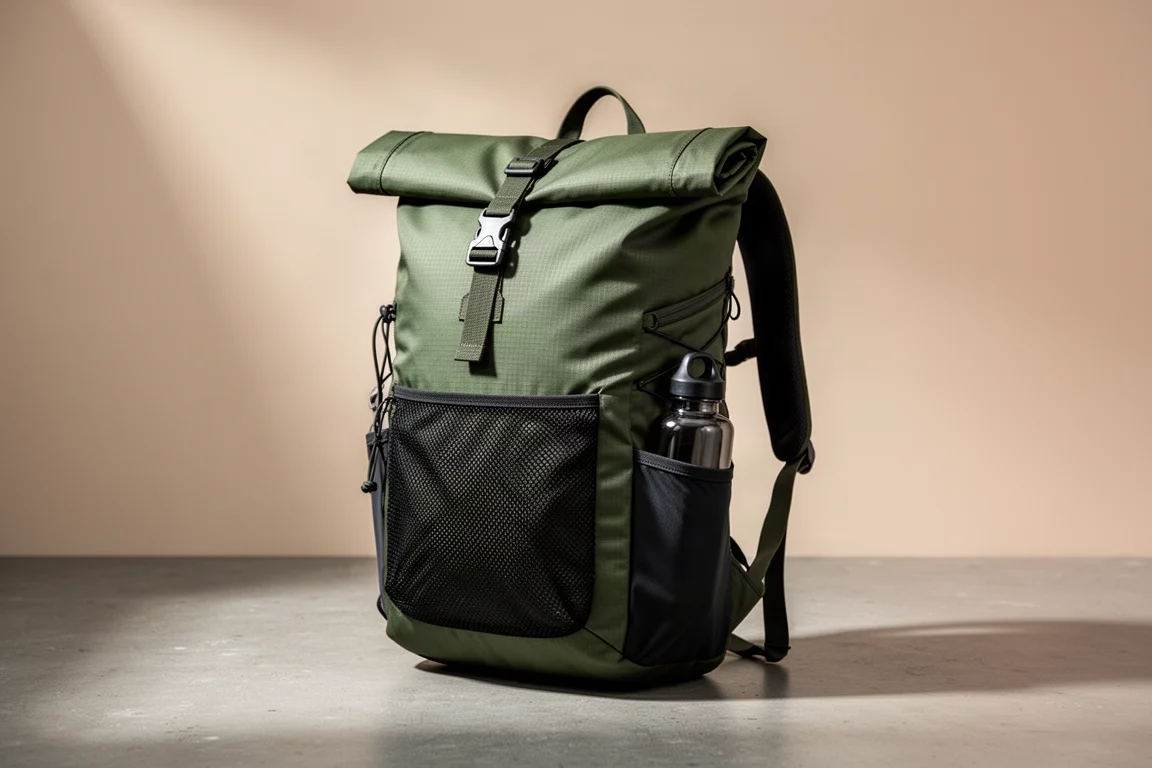 Ranger green ultralight roll-top hiking backpack standing on a concrete surface