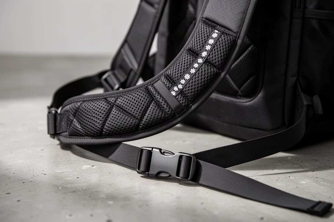 Vue de dessus à plat d'équipement de randonnée ultraléger à côté d'un petit sac sur du béton