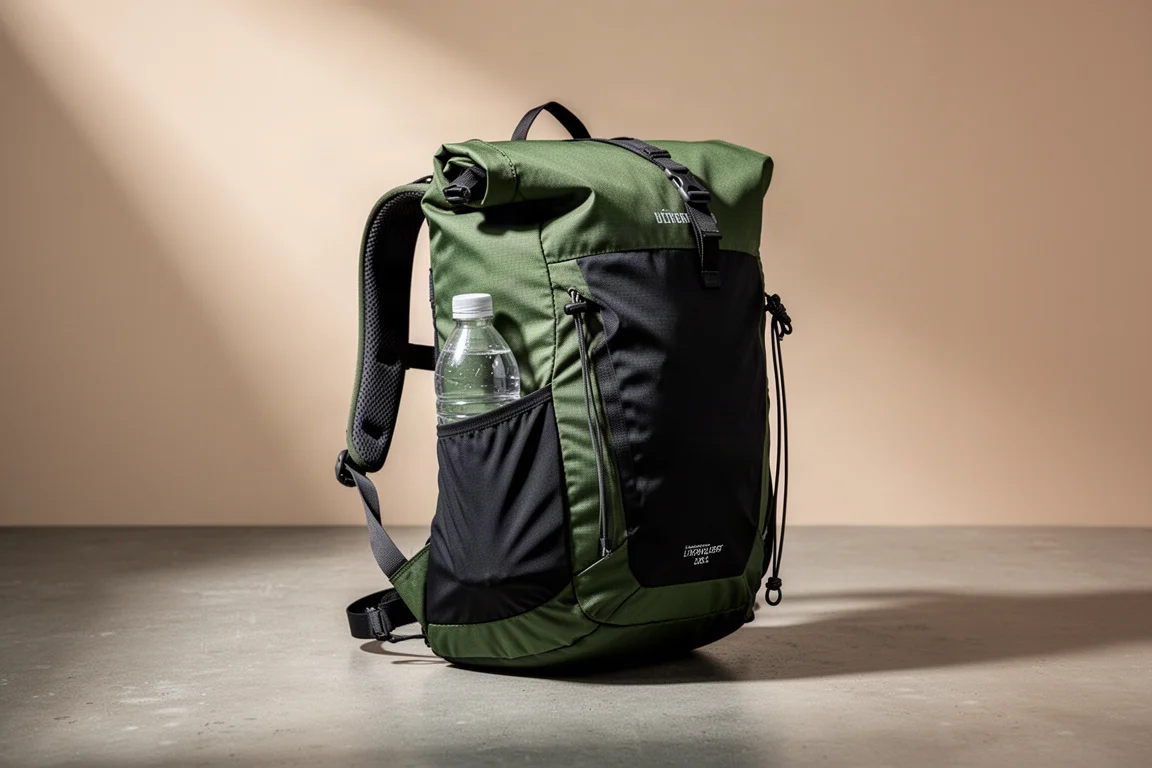 Ranger green ultralight rolltop hiking backpack standing on a concrete surface