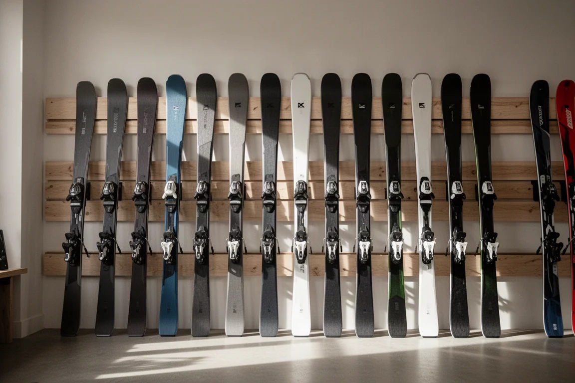 Fila de esquís alpinos nuevos en la pared de una tienda con suave luz matutina