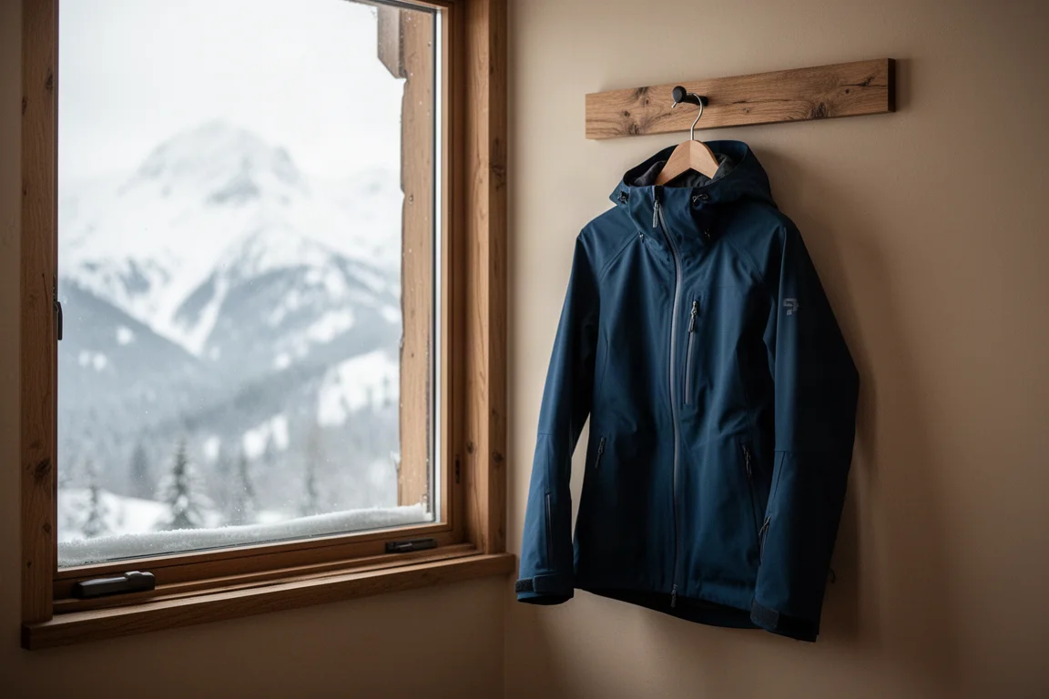 Chaqueta cortavientos de esquí colgada de un gancho junto a la ventana de un refugio con nieve en el exterior