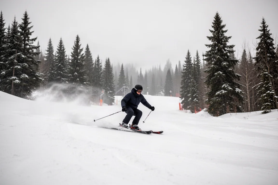 Esquiador deslizándose por una pista preparada con árboles y nieve fresca en el borde