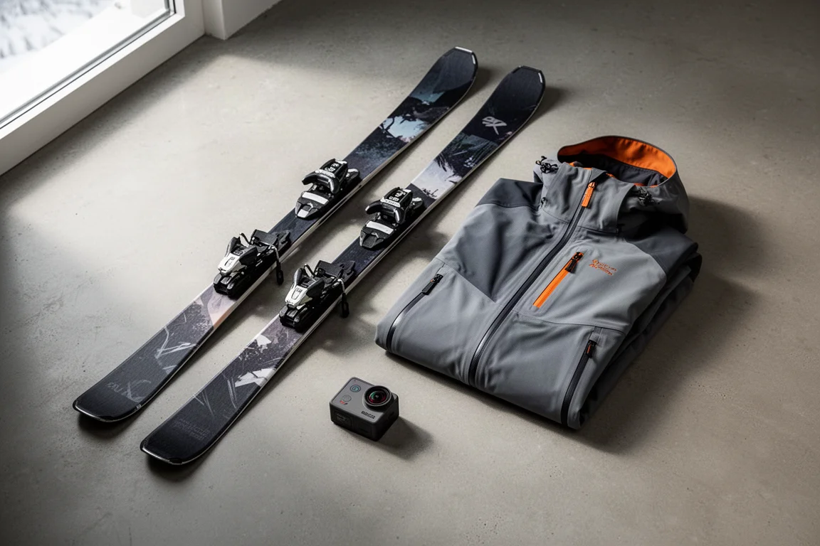 Skis, shell jacket, and action camera arranged on a concrete surface