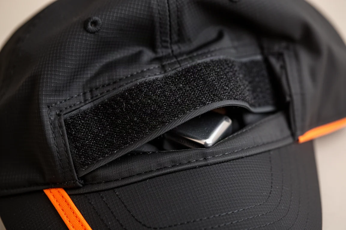 Nahaufnahme einer inneren Kapptasche, verschlossen mit einem breiten Klettband