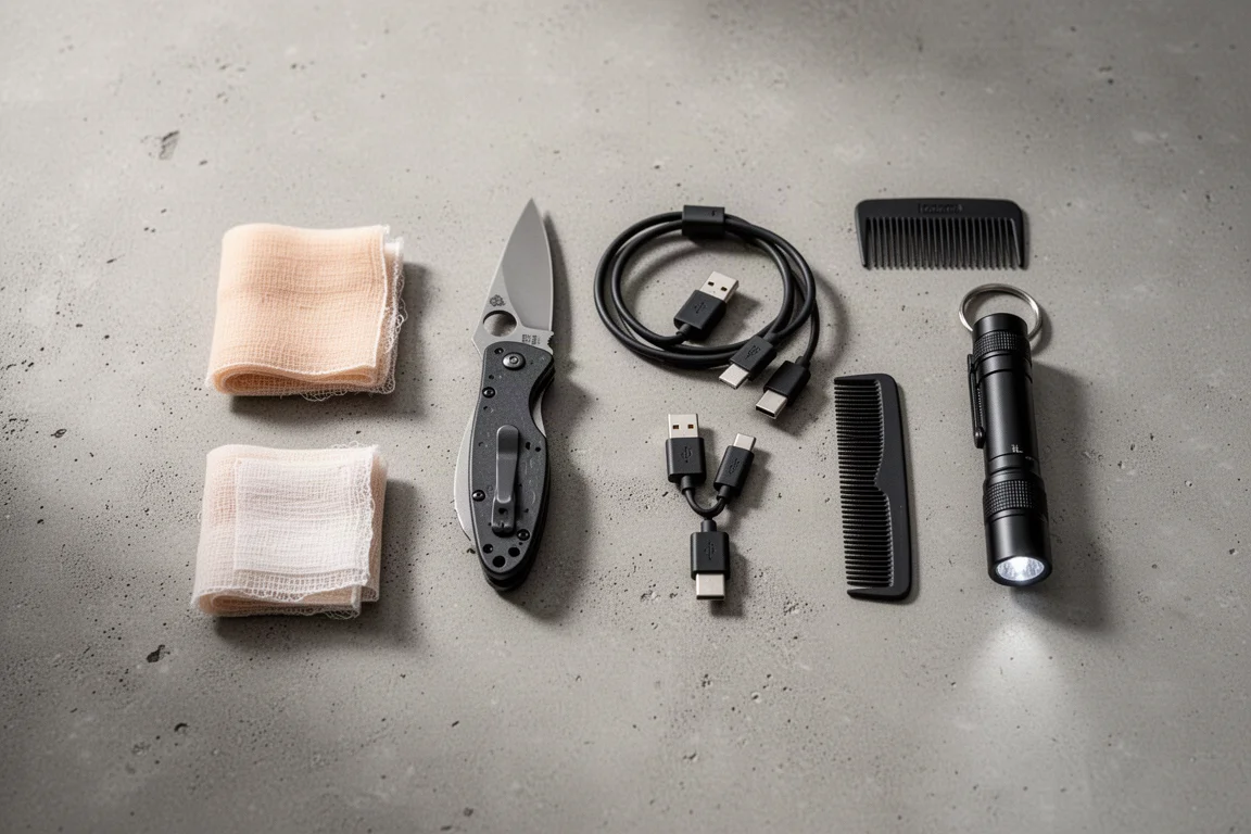 Flat-Lay mit kleinen Everyday-Carry-Gegenständen auf neutraler Oberfläche
