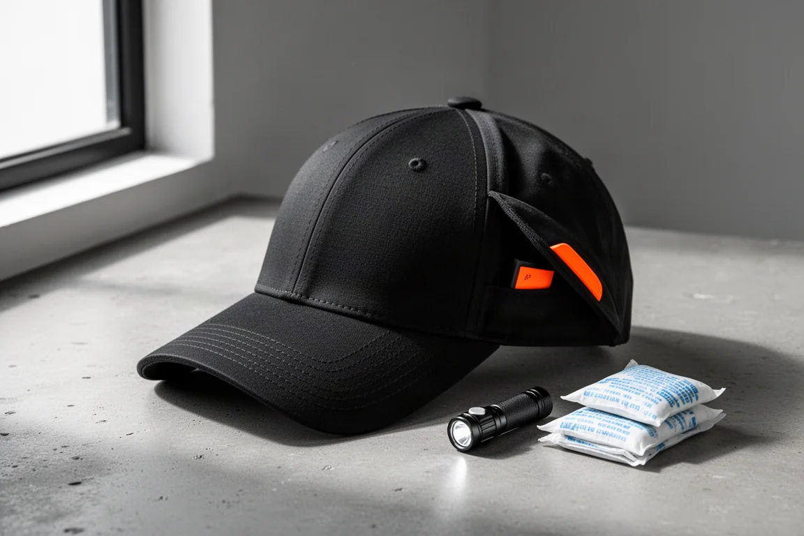 Black Wazoo Cash Cap on concrete surface with slightly open interior flap