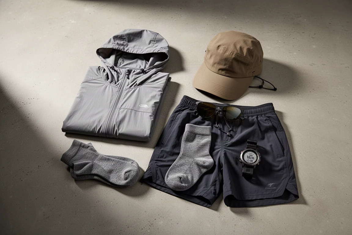 Overhead arrangement of wearable hiking gear including hoodie, shorts, socks, cap, sunglasses and GPS watch