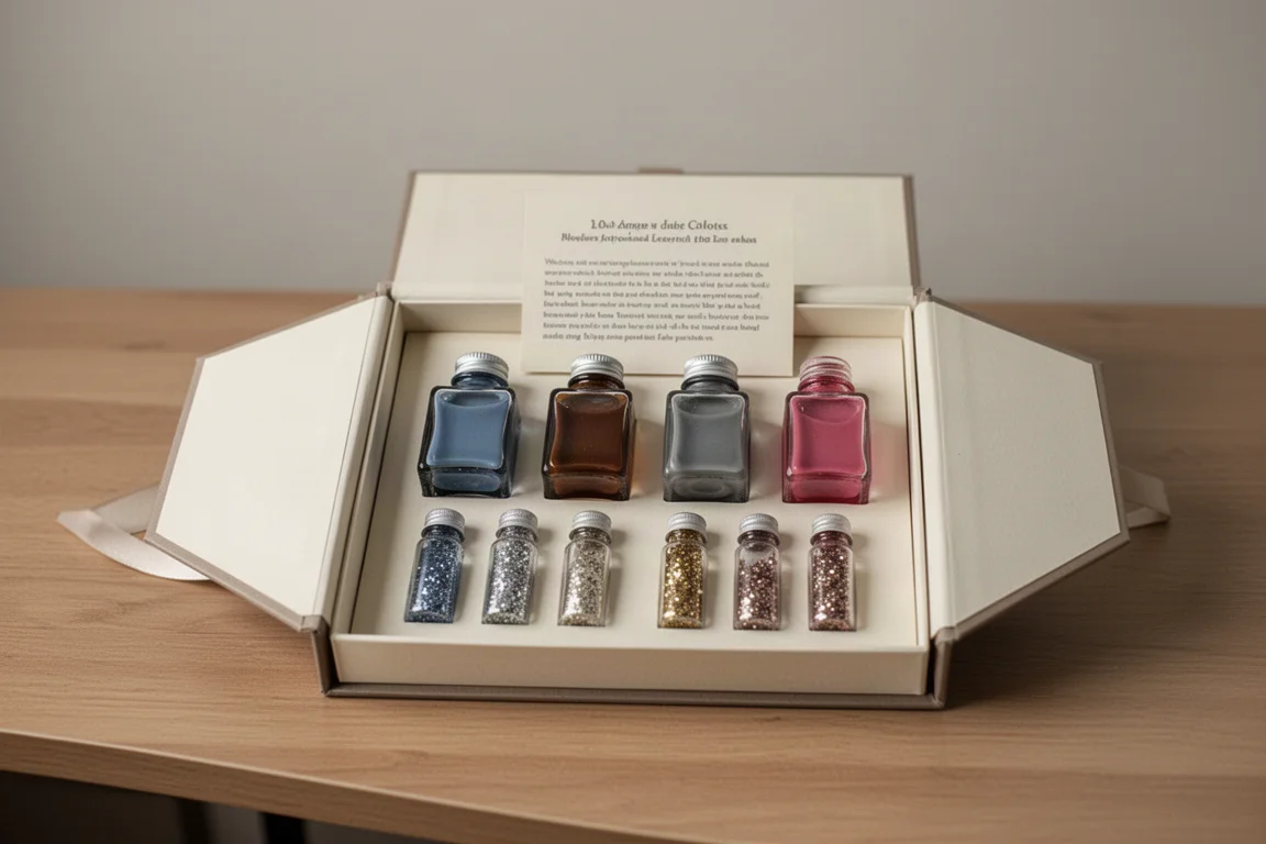 Open book-shaped ink set box showing four bottles and shimmer vials
