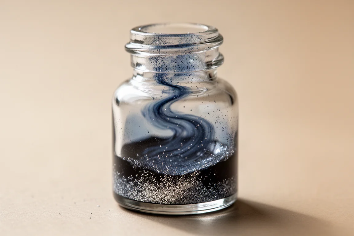 Close-up of shimmer particles settling in a glass vial of blue ink