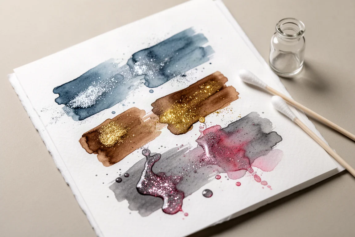 Handwritten ink swatches and shimmer samples drying on white paper