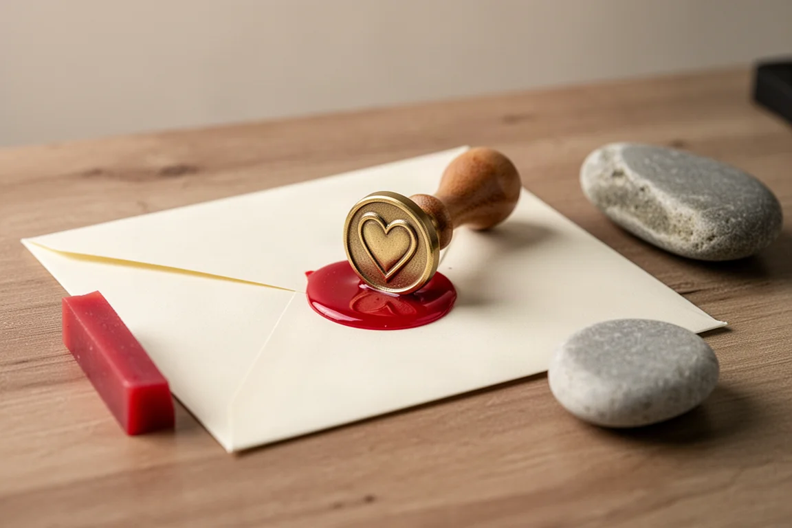 Molten sealing wax being pressed with a metal stamp to form a heart seal
