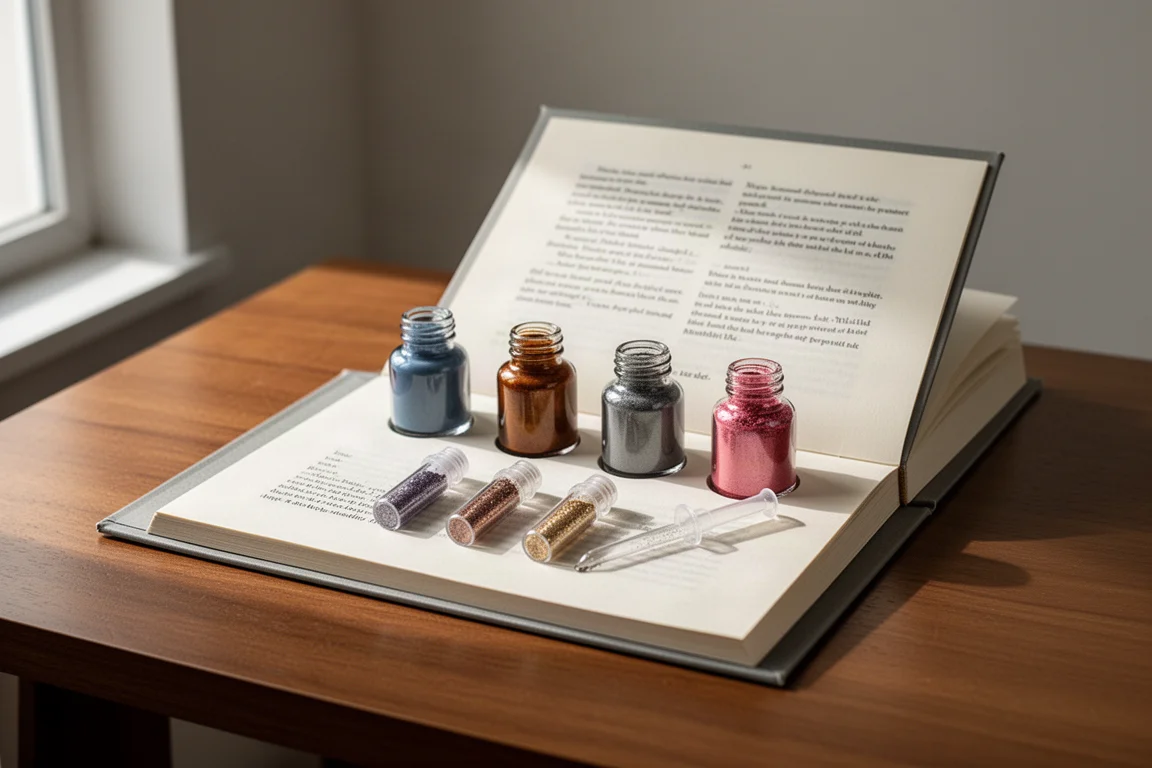 Open book-shaped box with four ink bottles and shimmer vials on a wooden desk