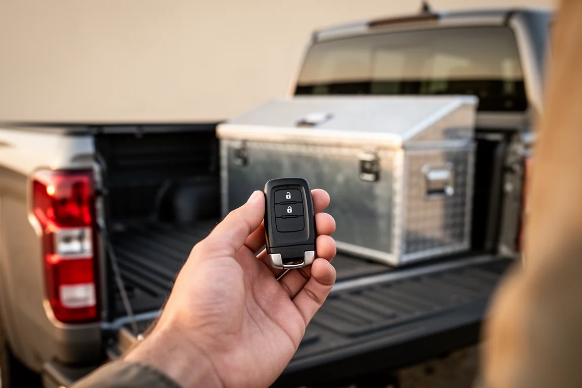 Pilot zdalnego sterowania otwierający system zamków skrzyni ładunkowej
