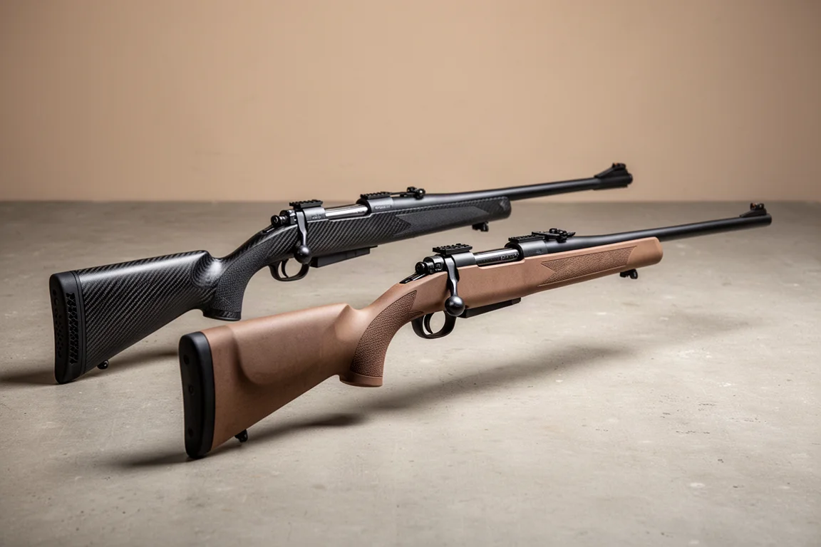 Weatherby 307 und Mark Five Repetiergewehre Seite an Seite auf Betonoberfläche