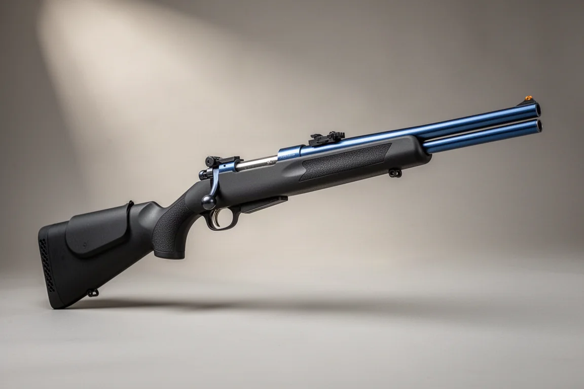 콘크리트 표면에 나란히 놓인 Weatherby 307 및 Mark Five 볼트액션 라이플