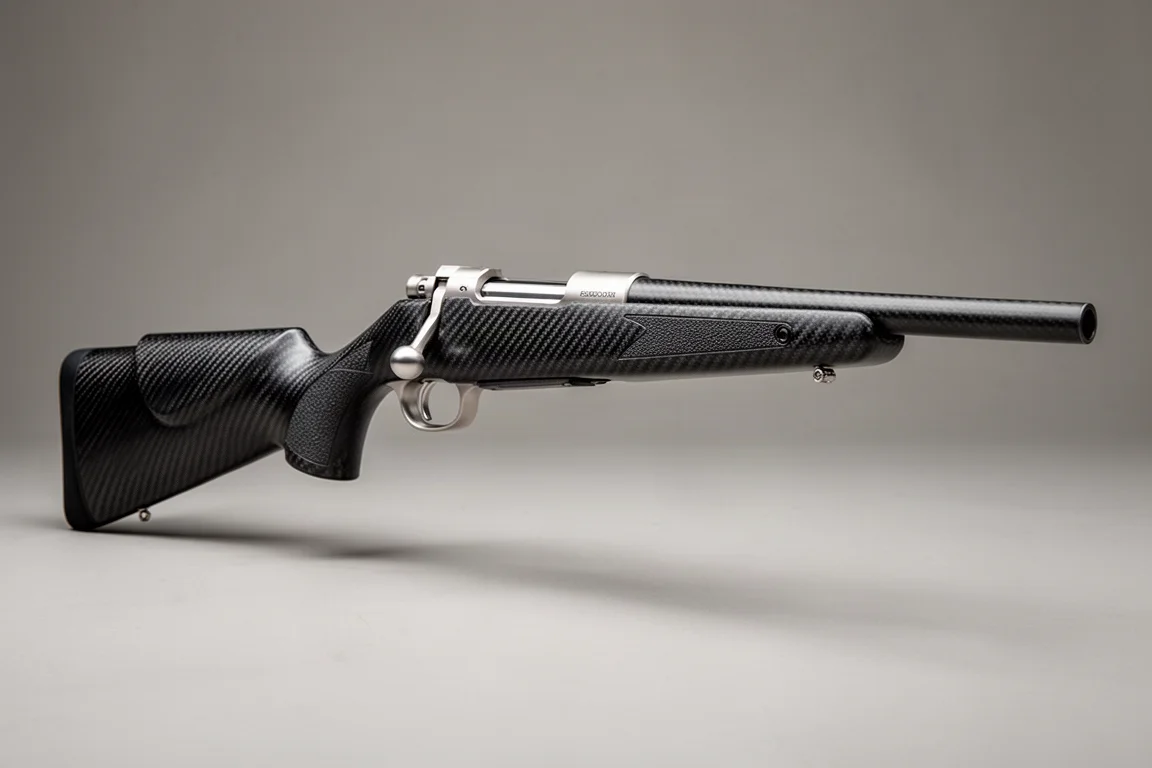 콘크리트 표면에 나란히 놓인 Weatherby 307 및 Mark Five 볼트액션 소총