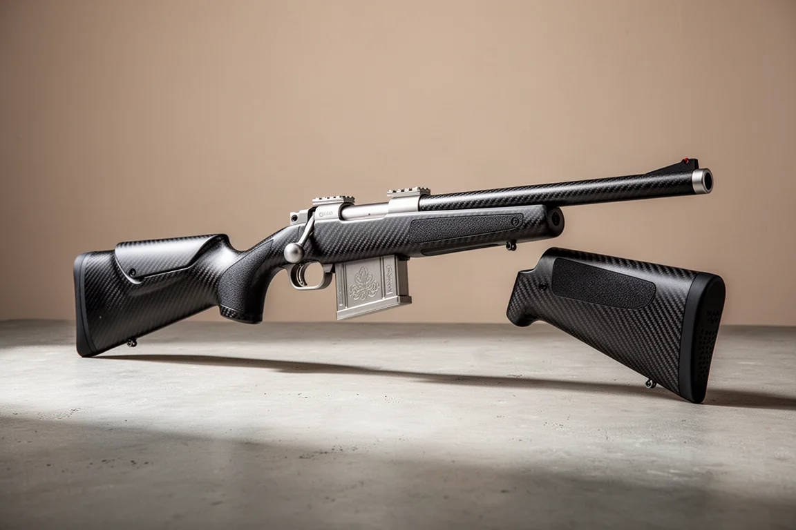 Weatherby Mark V Backcountry Guide Ti 步槍，配備碳纖維槍托與槍管，置於水泥地面上