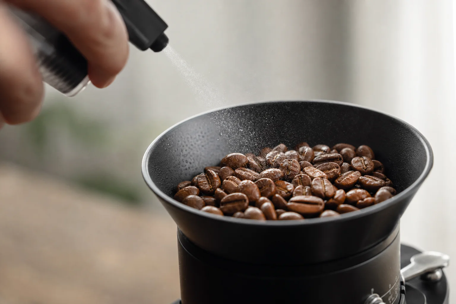 Coffee beans being sprayed with water in a dosing funnel