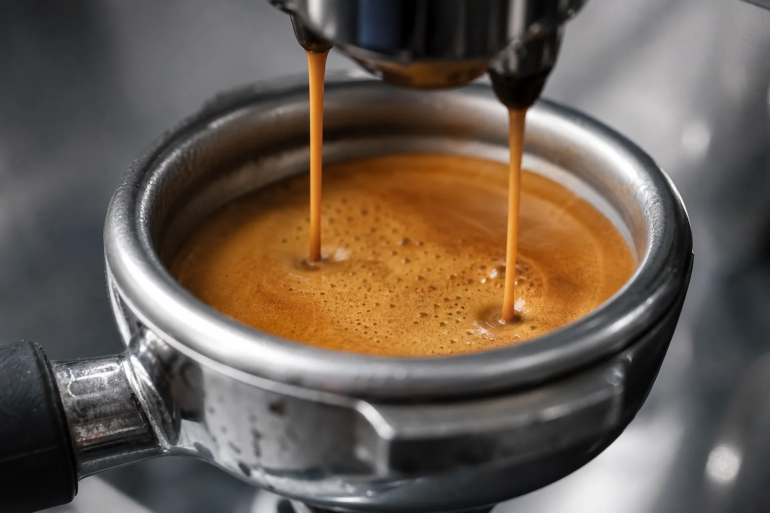 Espresso shot flowing into portafilter basket with visible crema