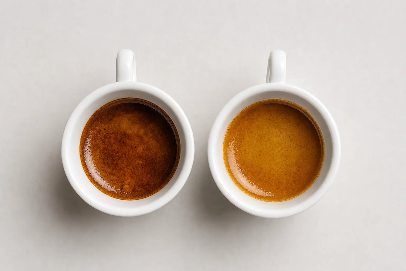 Two espresso cups showing different color and body profiles side by side