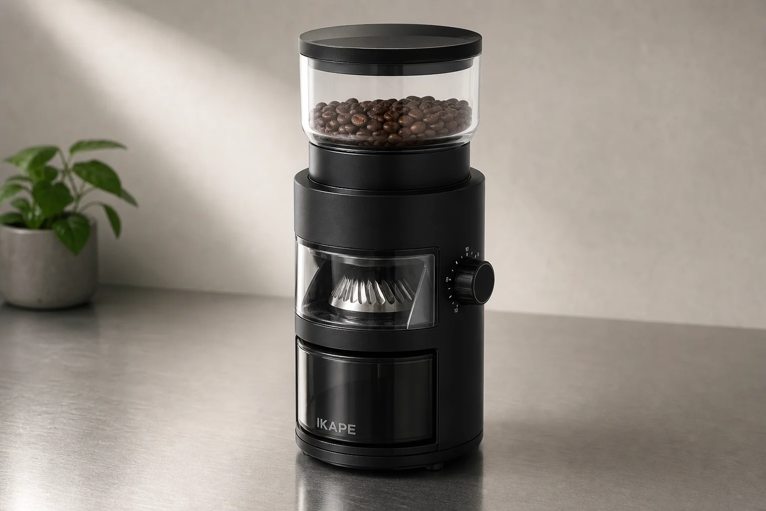 Weber Key grinder with matte black body and control dial on brushed aluminium surface