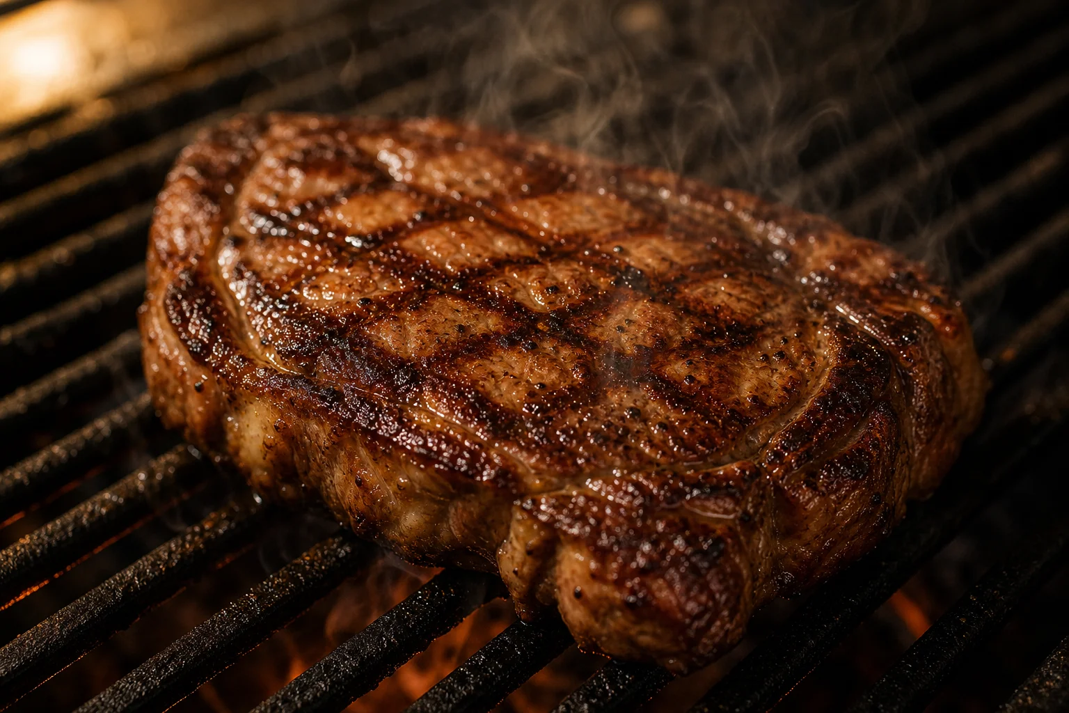 Filete con marcas de parrilla marcadas chisporroteando sobre rejillas calientes
