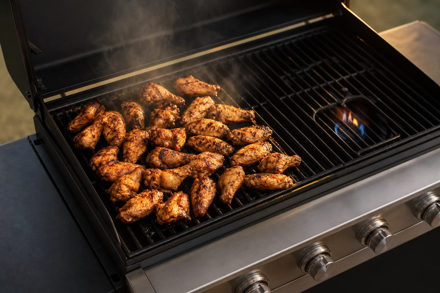 Configuración de cocción indirecta con alitas de pollo en un lado de la barbacoa