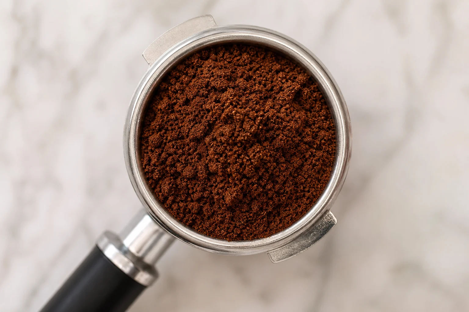 手柄濾杯中的 Espresso 粉末，呈現蓬鬆且分佈均勻的質感