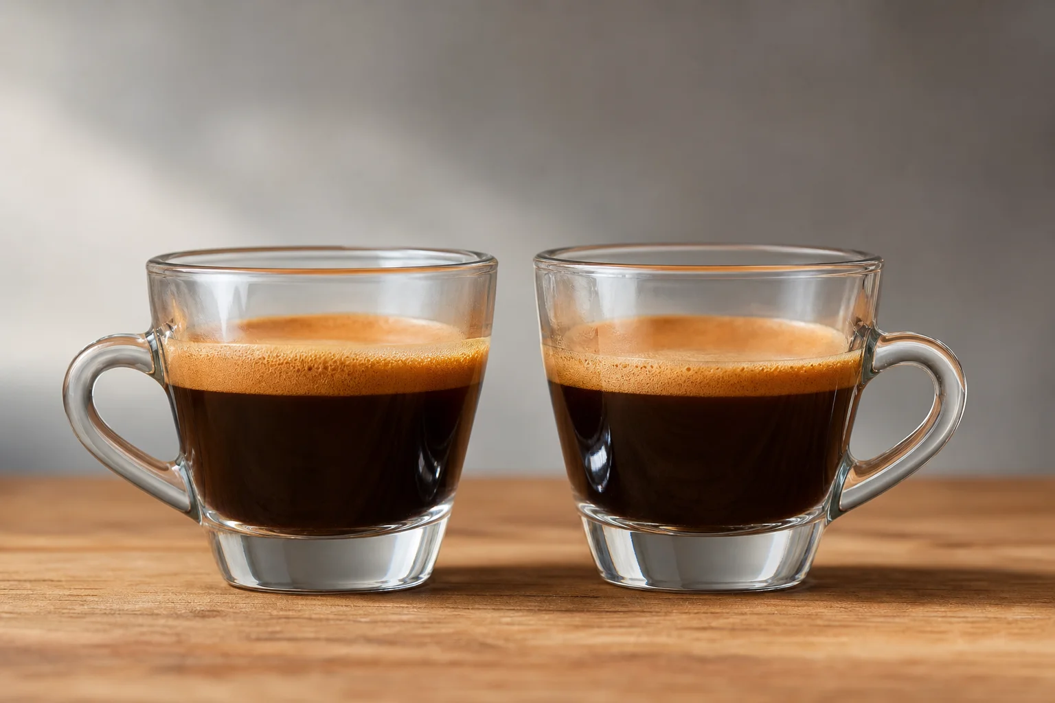 兩杯 Espresso 並排放在木質桌面的透明玻璃杯中