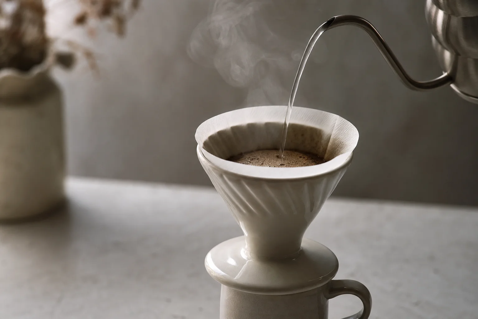V60 手沖濾杯正在進行咖啡沖煮，熱水緩緩注入