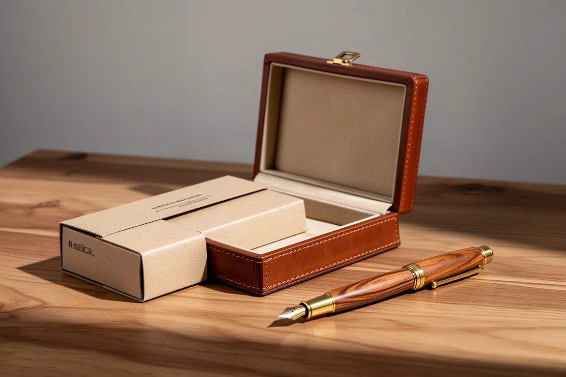 Oak wood fountain pen beside a faux leather presentation box on a wooden desk