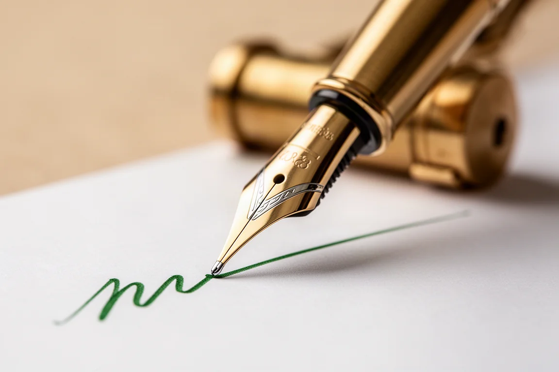 Close-up of a gold-colored fountain pen nib on white paper with green ink