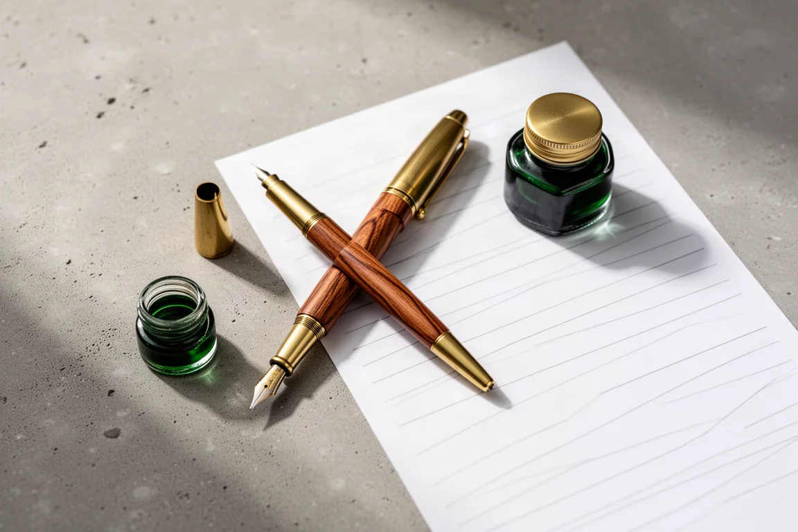 Hands off flat-lay of fountain pen, ink bottle and writing paper on a desk