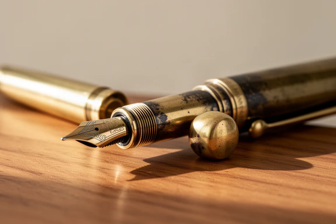 Fountain pen with brass section showing patina on a wooden desk at dusk