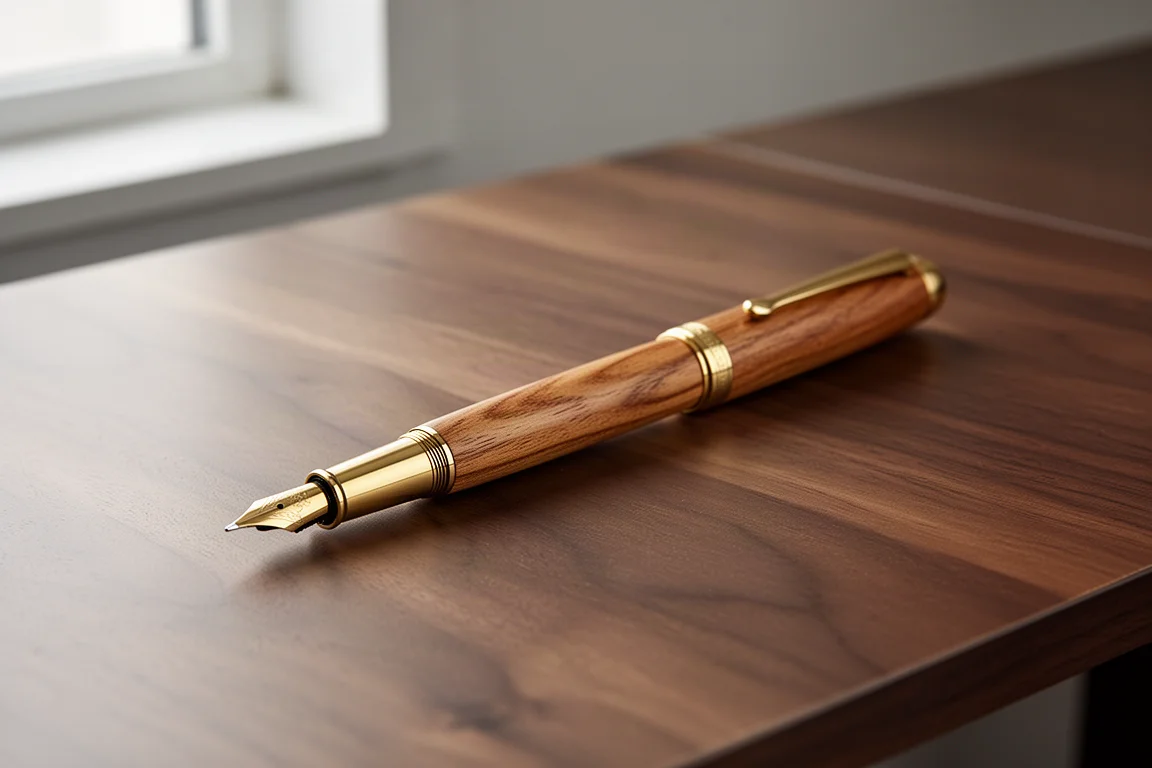 Oak wood fountain pen with brass fittings lying on a walnut desk