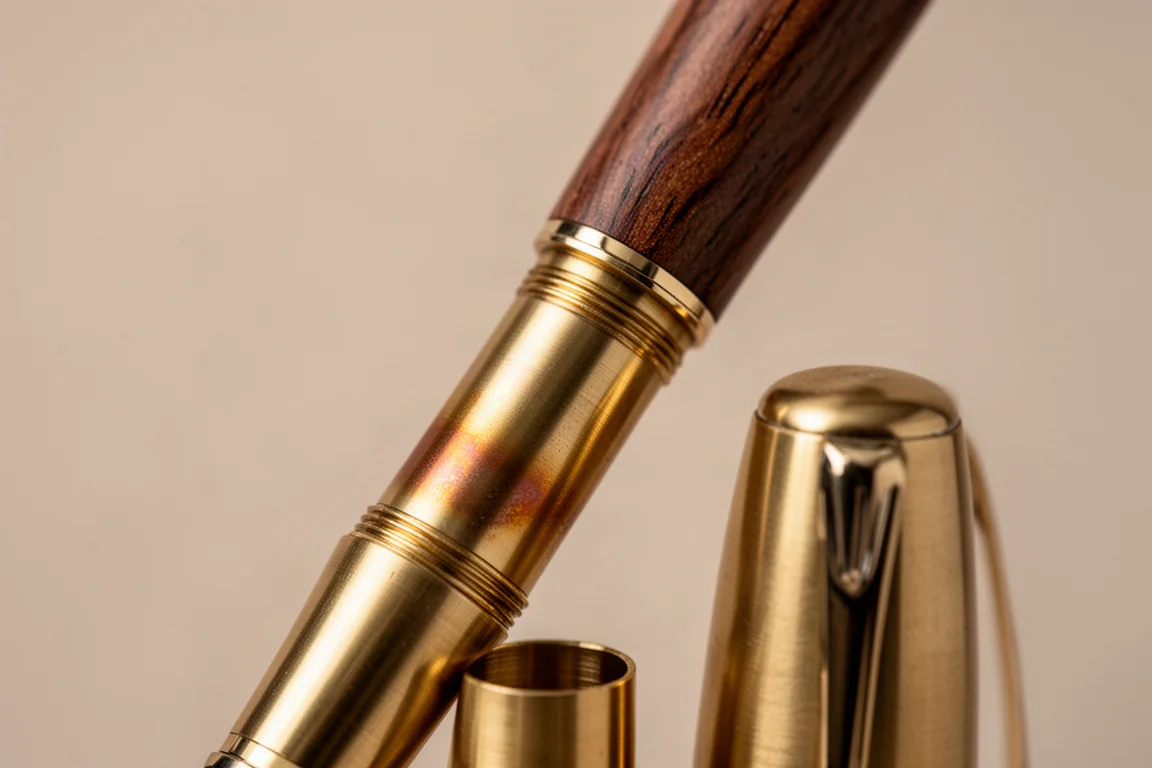 Primo piano della sezione in ottone della penna con patina naturale