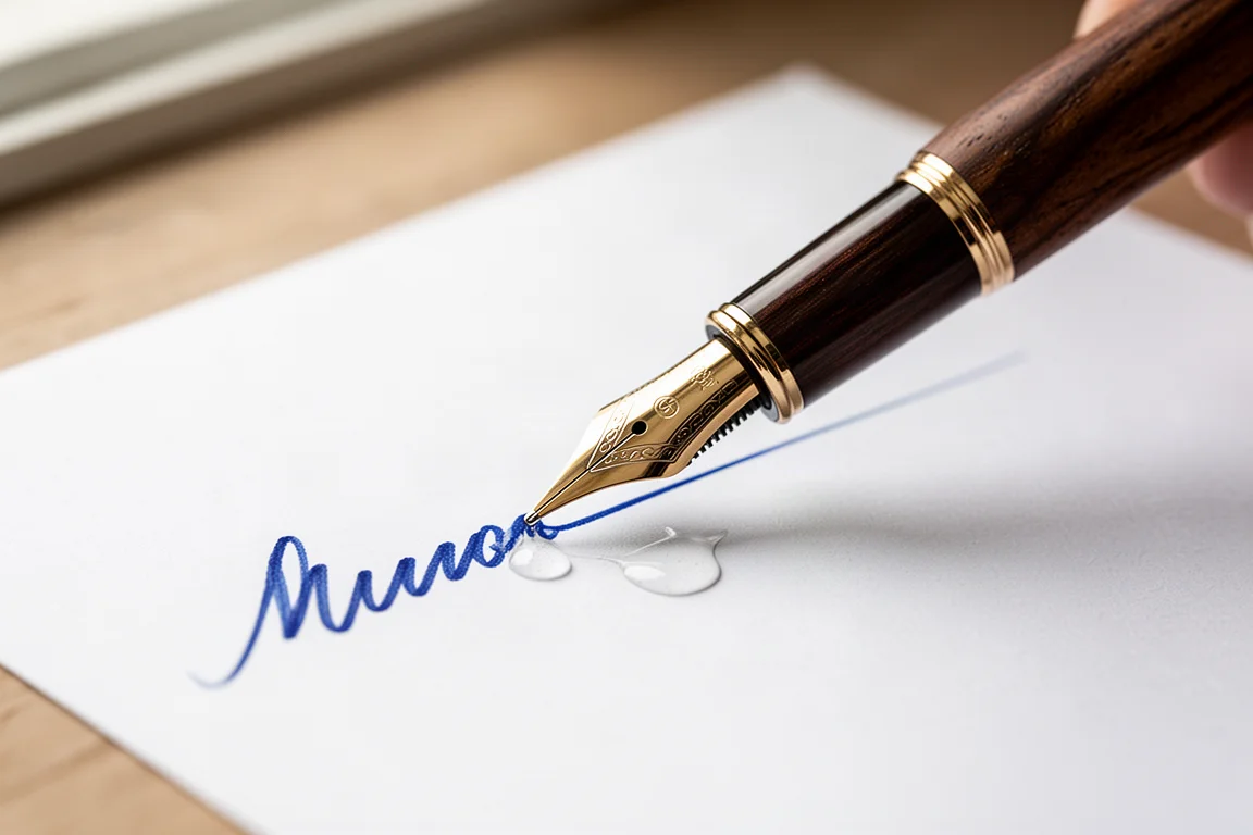 Penna stilografica che scrive una riga di inchiostro blu su carta bianca
