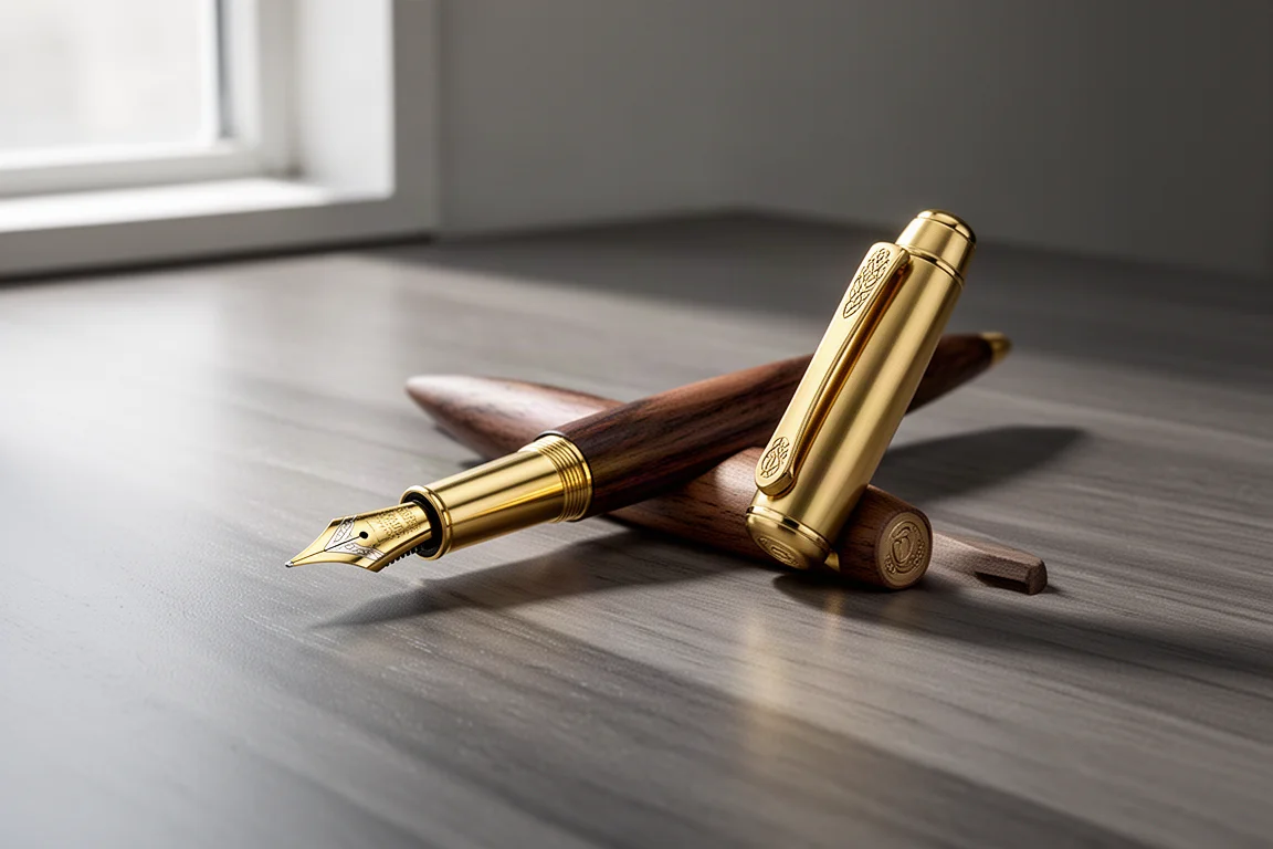 Webson Gill Captain fountain pen with wooden barrel and brass cap on a desk